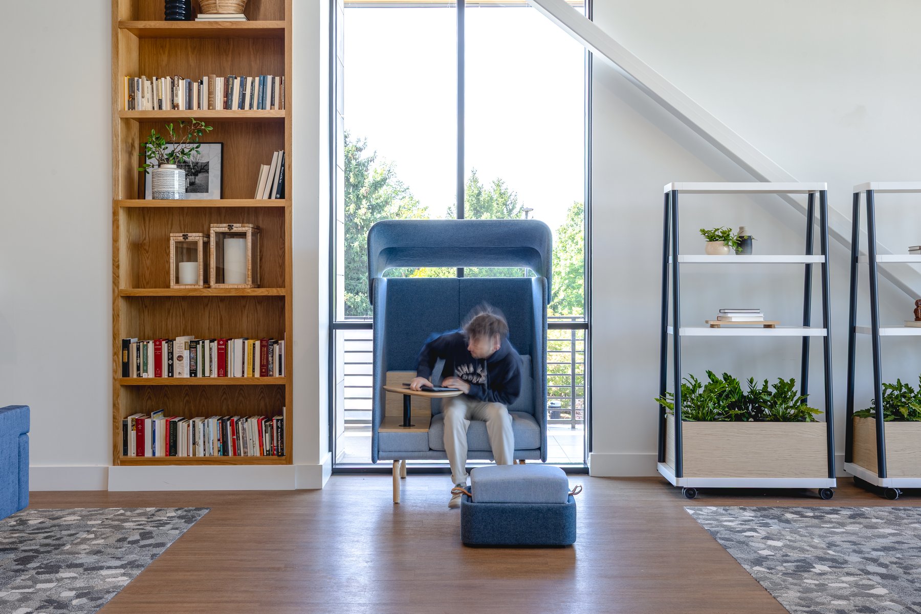 Kentucky University — reading nook with a tall built-in bookshelf and a blue privacy pod chair by the window